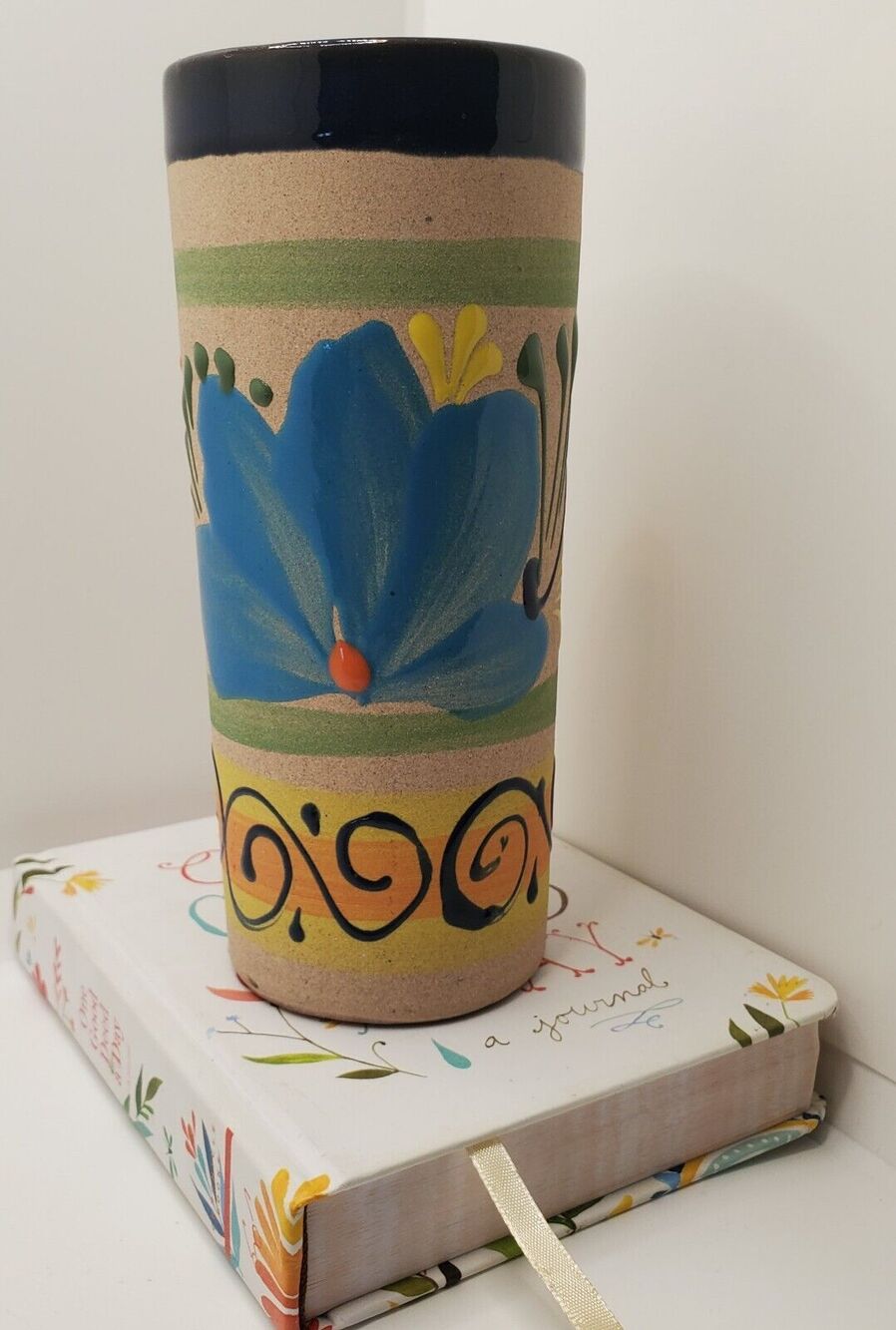 Talavera Style Terracotta Mexican Pottery Vase Hand Painted Colorful Floral